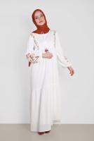 Tesettür giyim KREM NAKIŞ BASKILI ELBİSE 4292