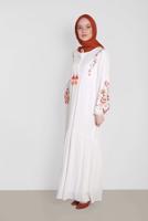 Tesettür giyim KREM NAKIŞ BASKILI ELBİSE 4292