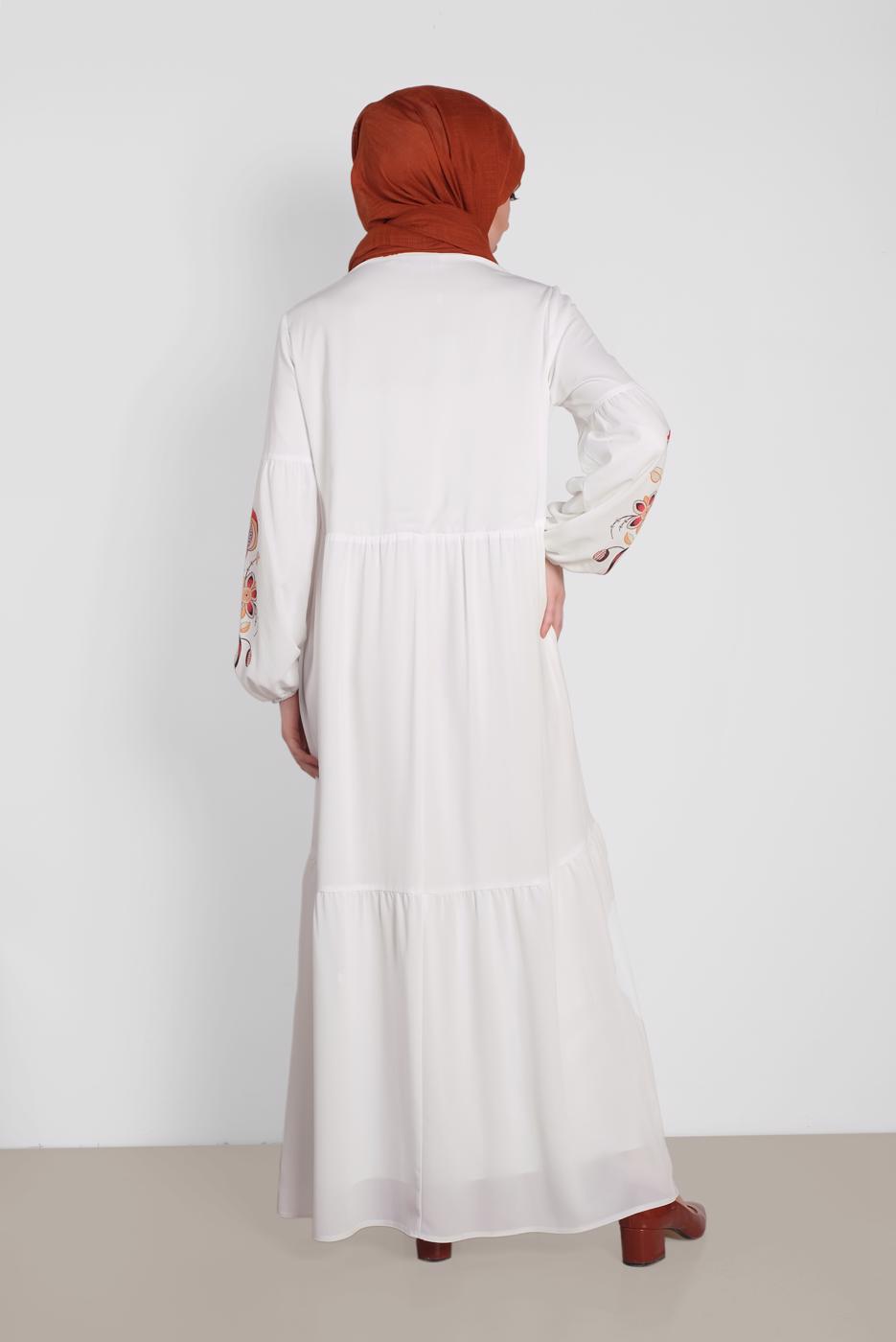 Tesettür giyim KREM NAKIŞ BASKILI ELBİSE 4292