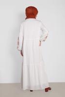 Tesettür giyim KREM NAKIŞ BASKILI ELBİSE 4292