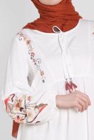 Tesettür giyim KREM NAKIŞ BASKILI ELBİSE 4292