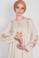 Tesettür giyim EKRU NAKIŞ BASKILI ELBİSE 4292