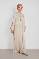 Tesettür giyim EKRU NAKIŞ BASKILI ELBİSE 4292