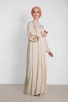 Tesettür giyim EKRU NAKIŞ BASKILI ELBİSE 4292