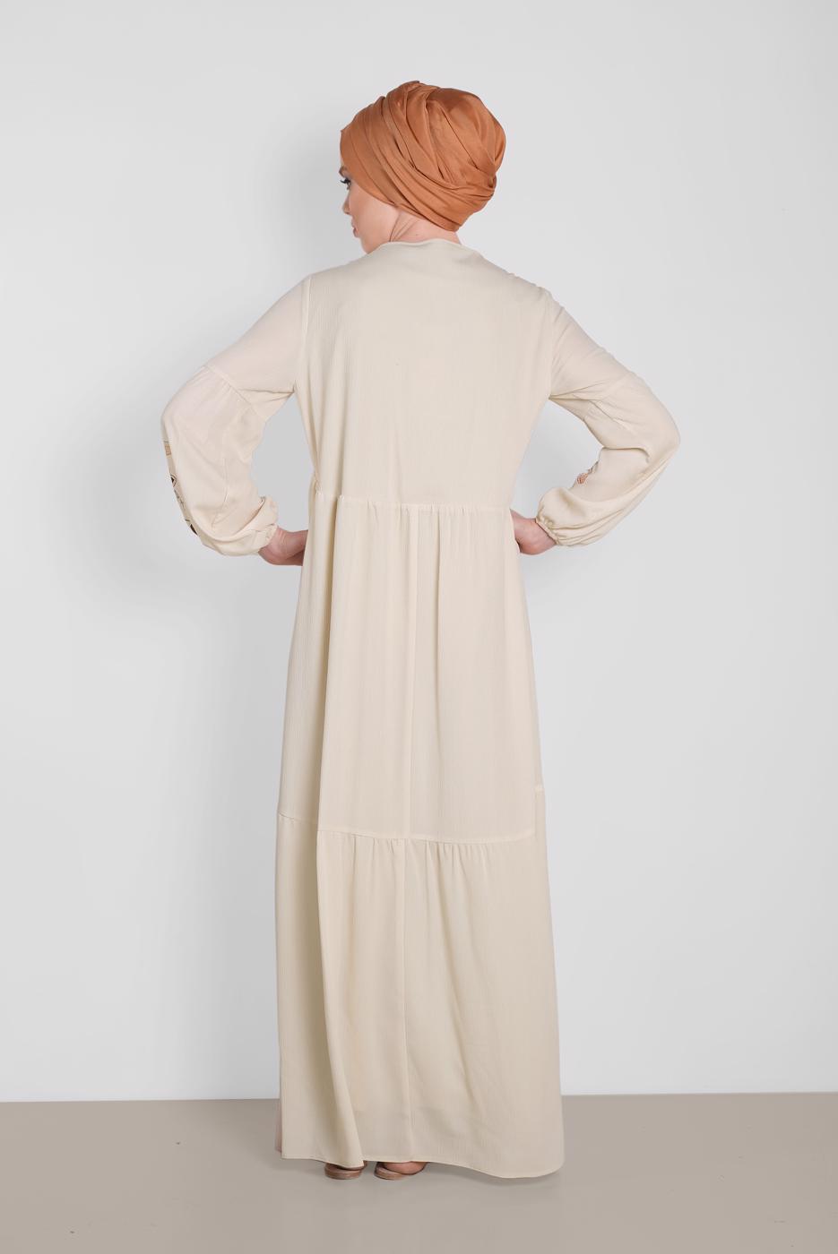 Tesettür giyim EKRU NAKIŞ BASKILI ELBİSE 4292