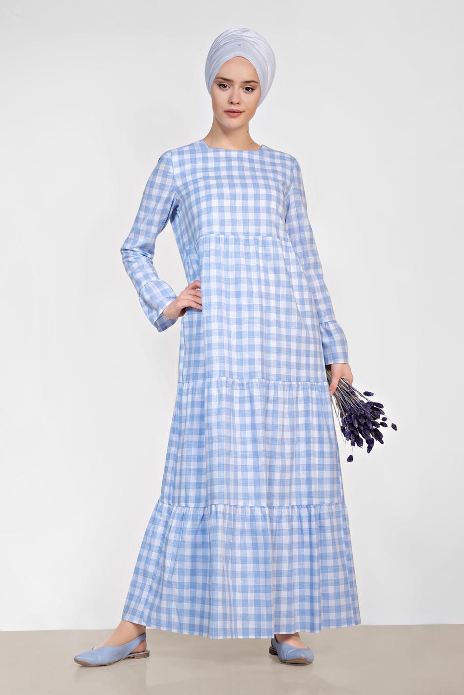 Tesettür giyim MAVİ PAMUKLU KARELİ VOLANLI ELBİSE 4333