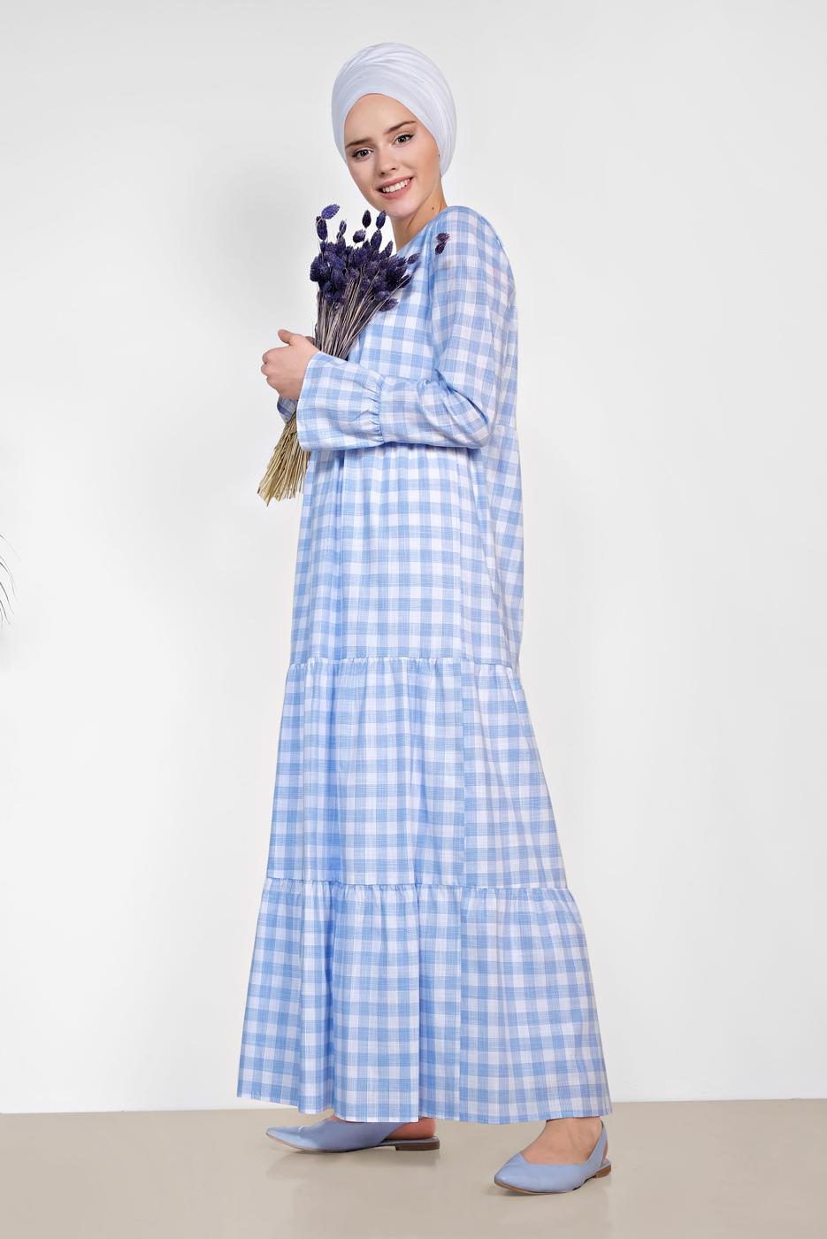 Tesettür giyim MAVİ PAMUKLU KARELİ VOLANLI ELBİSE 4333