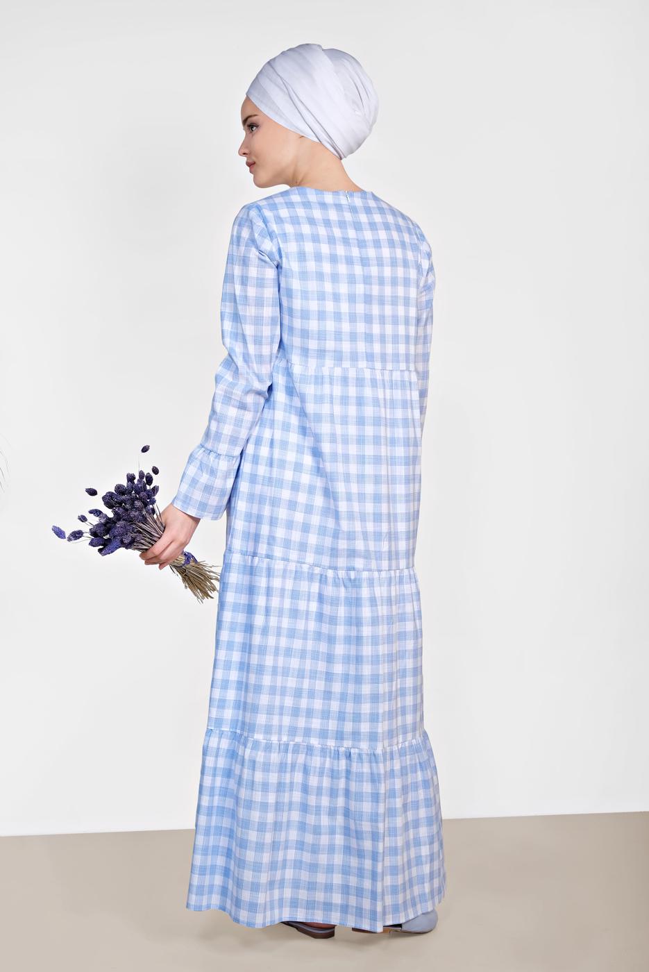 Tesettür giyim MAVİ PAMUKLU KARELİ VOLANLI ELBİSE 4333