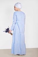 Tesettür giyim MAVİ PAMUKLU KARELİ VOLANLI ELBİSE 4333