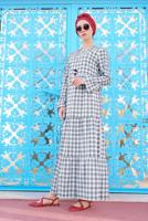 Tesettür giyim LACİVERT PAMUKLU KARELİ VOLANLI ELBİSE 4333