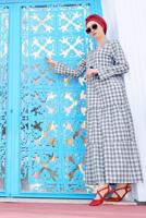 Tesettür giyim LACİVERT PAMUKLU KARELİ VOLANLI ELBİSE 4333