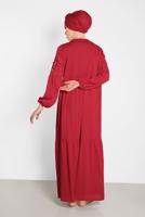 Tesettür giyim KIRMIZI KOLLARI NAKIŞLI MANŞETLERİ LASTİKLİ ELBİSE 4439 