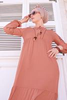 Tesettür giyim KAHVE KOLLARI NAKIŞLI MANŞETLERİ LASTİKLİ ELBİSE 4439 