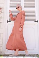 Tesettür giyim KAHVE KOLLARI NAKIŞLI MANŞETLERİ LASTİKLİ ELBİSE 4439 