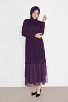 Tesettür giyim MOR ALVİNA ETEK UCU TÜL DETAYLI SİMLİ ELBİSE 4443