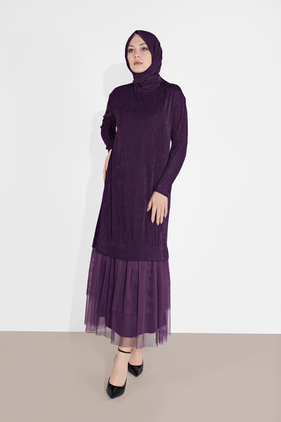 Tesettür giyim MOR ALVİNA ETEK UCU TÜL DETAYLI SİMLİ ELBİSE 4443