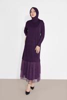 Tesettür giyim MOR ALVİNA ETEK UCU TÜL DETAYLI SİMLİ ELBİSE 4443