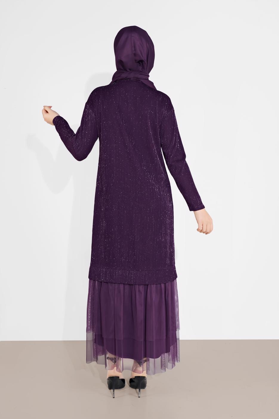 Tesettür giyim MOR ALVİNA ETEK UCU TÜL DETAYLI SİMLİ ELBİSE 4443