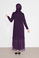 Tesettür giyim MOR ALVİNA ETEK UCU TÜL DETAYLI SİMLİ ELBİSE 4443