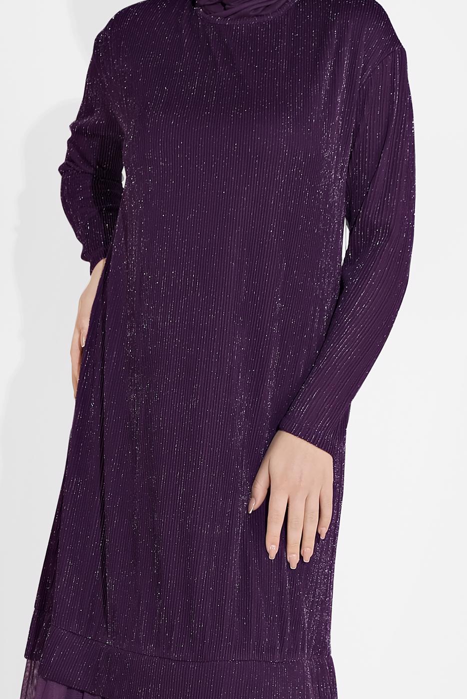 Tesettür giyim MOR ALVİNA ETEK UCU TÜL DETAYLI SİMLİ ELBİSE 4443