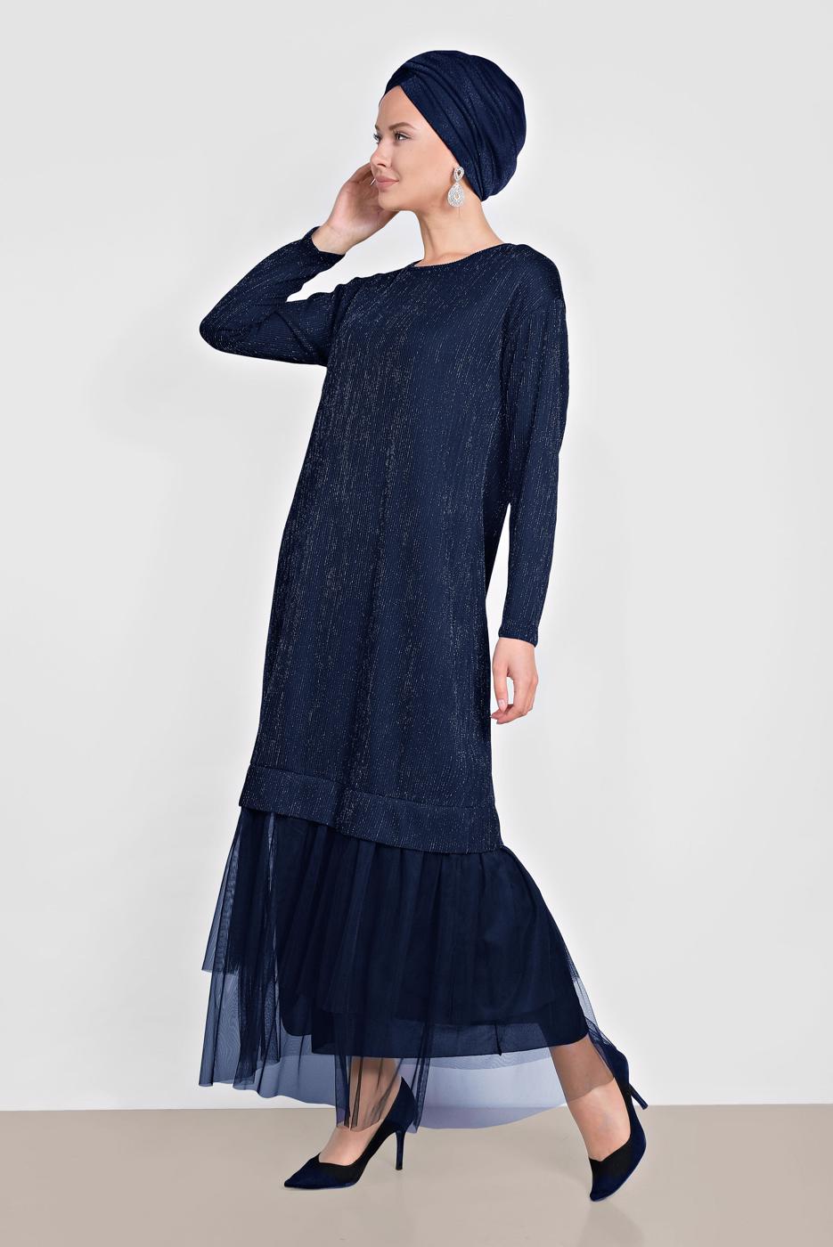Tesettür giyim LACİVERT ALVİNA ETEK UCU TÜL DETAYLI SİMLİ ELBİSE 4443