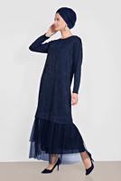 Tesettür giyim LACİVERT ALVİNA ETEK UCU TÜL DETAYLI SİMLİ ELBİSE 4443