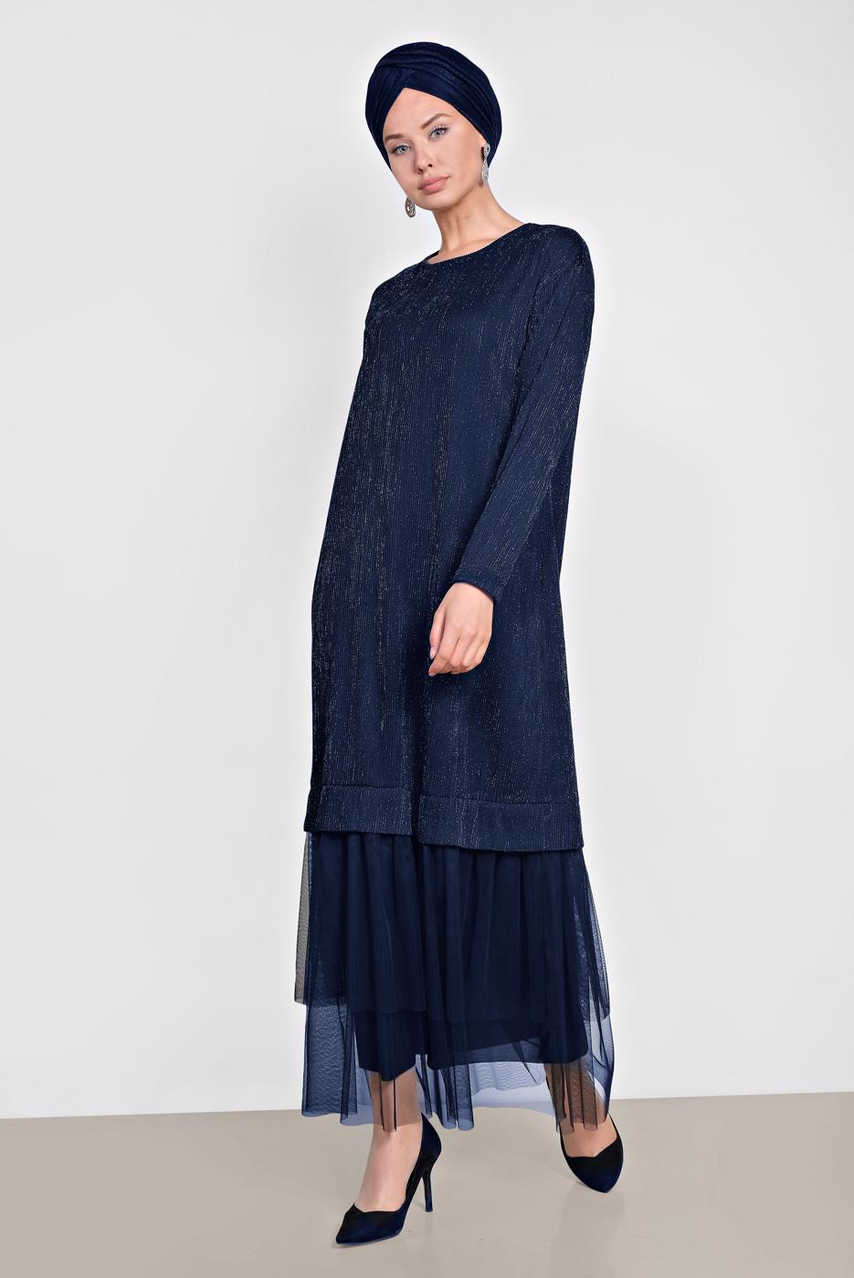 Tesettür giyim LACİVERT ALVİNA ETEK UCU TÜL DETAYLI SİMLİ ELBİSE 4443