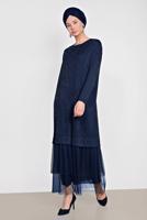 Tesettür giyim LACİVERT ALVİNA ETEK UCU TÜL DETAYLI SİMLİ ELBİSE 4443