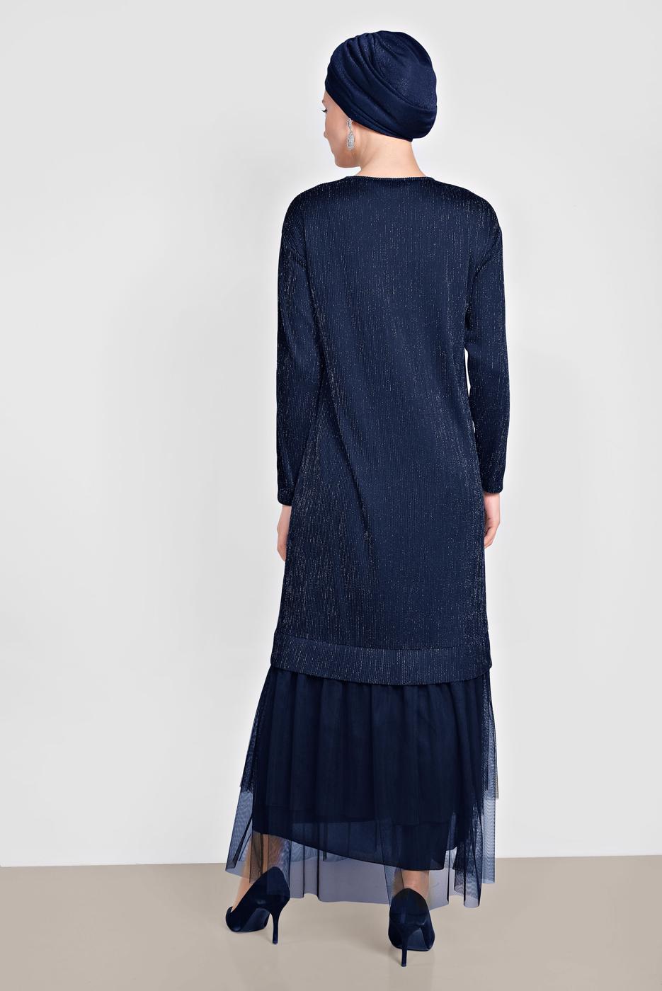 Tesettür giyim LACİVERT ALVİNA ETEK UCU TÜL DETAYLI SİMLİ ELBİSE 4443
