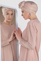 Tesettür giyim PUDRA ALVİNA ETEK UCU TÜL DETAYLI SİMLİ ELBİSE 4443