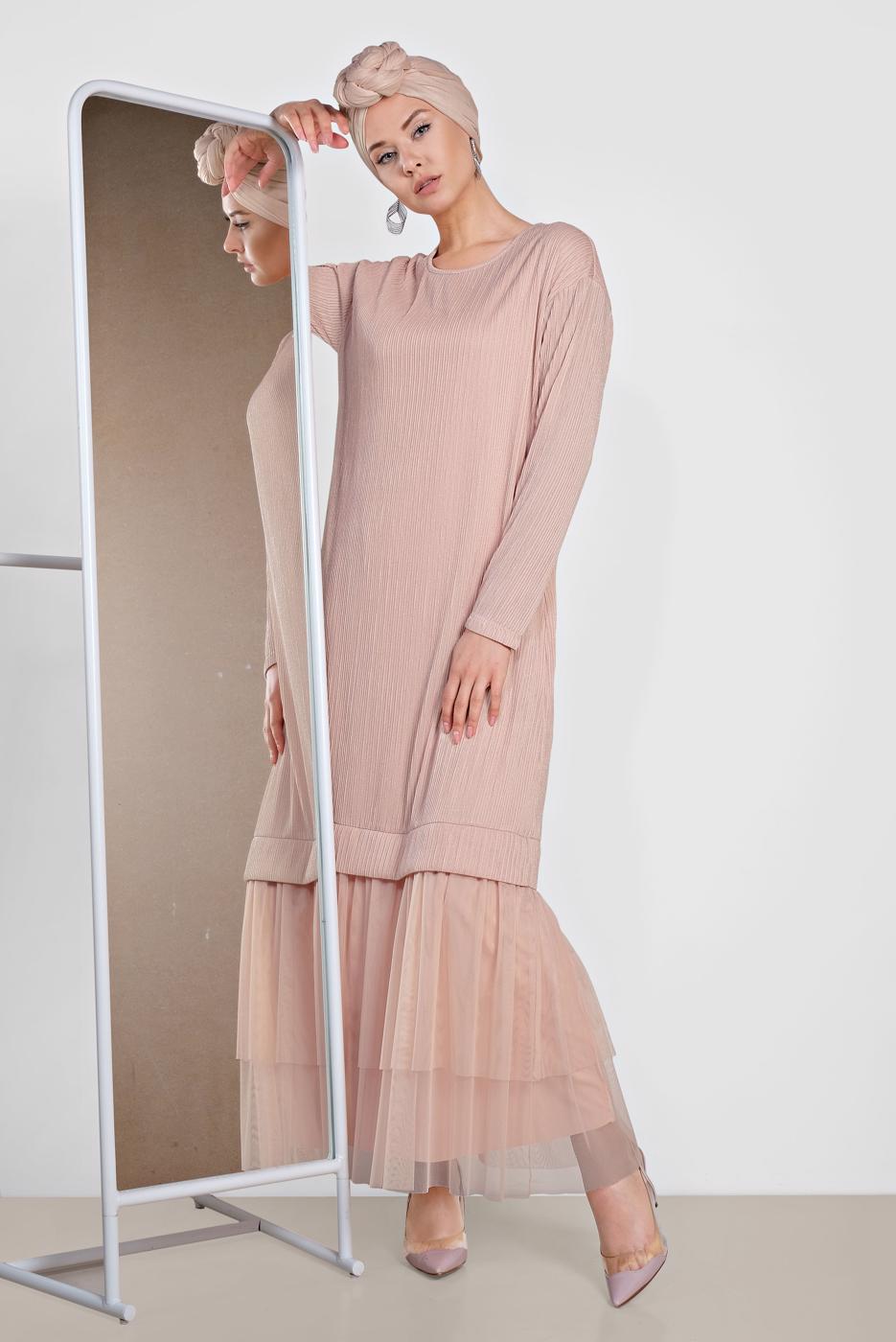 Tesettür giyim PUDRA ALVİNA ETEK UCU TÜL DETAYLI SİMLİ ELBİSE 4443