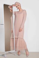 Tesettür giyim PUDRA ALVİNA ETEK UCU TÜL DETAYLI SİMLİ ELBİSE 4443