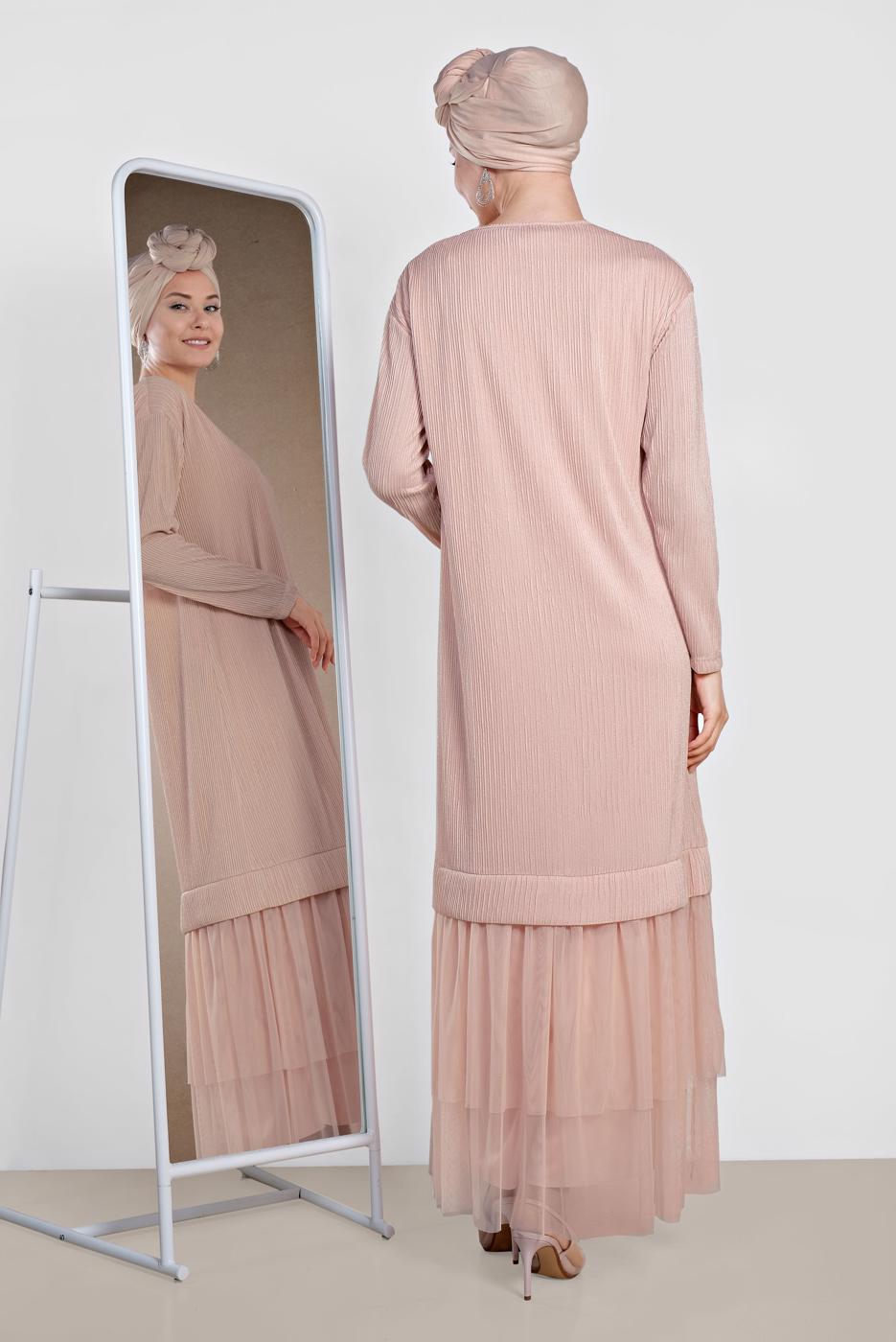 Tesettür giyim PUDRA ALVİNA ETEK UCU TÜL DETAYLI SİMLİ ELBİSE 4443