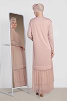 Tesettür giyim PUDRA ALVİNA ETEK UCU TÜL DETAYLI SİMLİ ELBİSE 4443