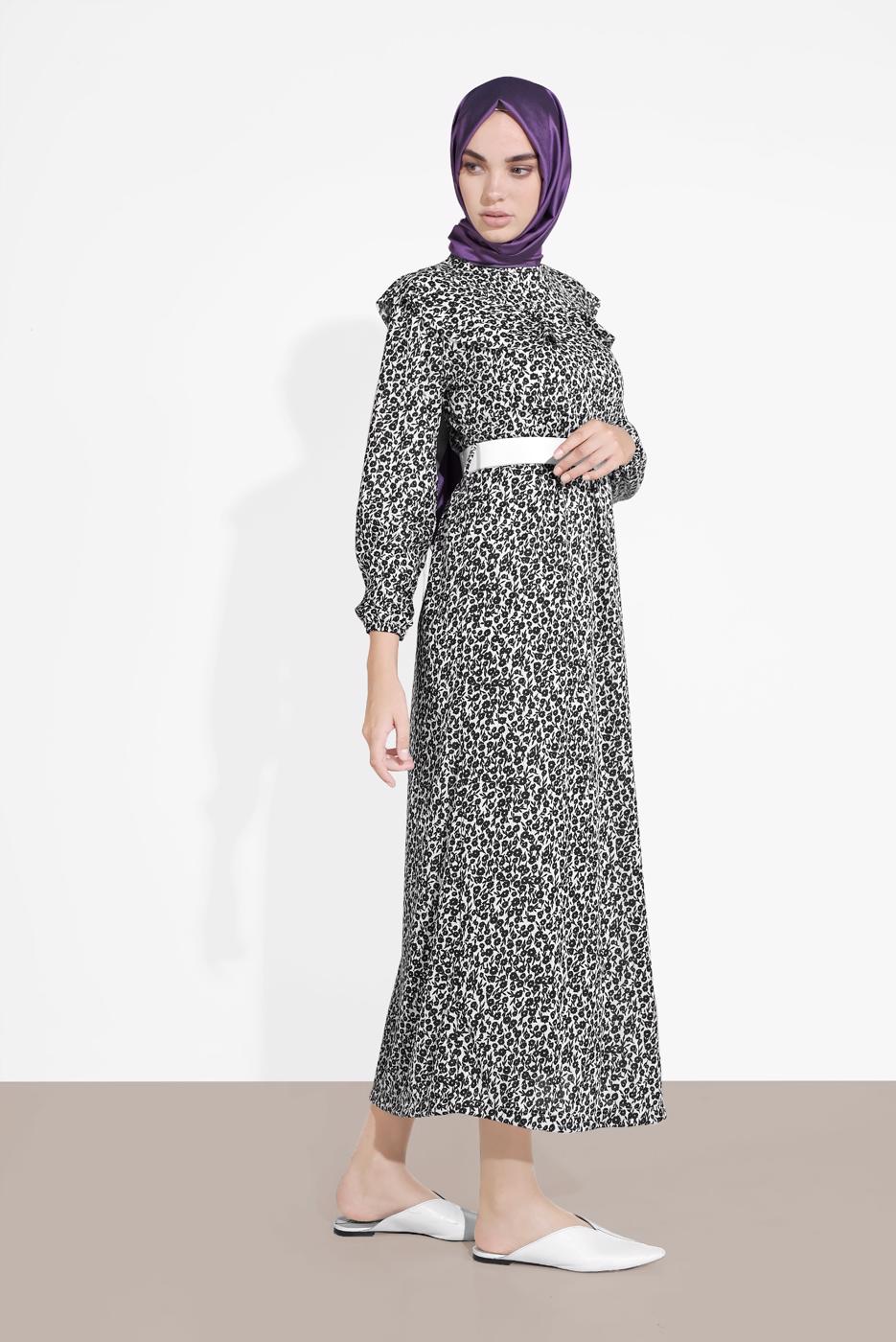 Vêtements hijab NOIR ROBE RUCHÉE IMPRIMÉE FLEURI 4505 