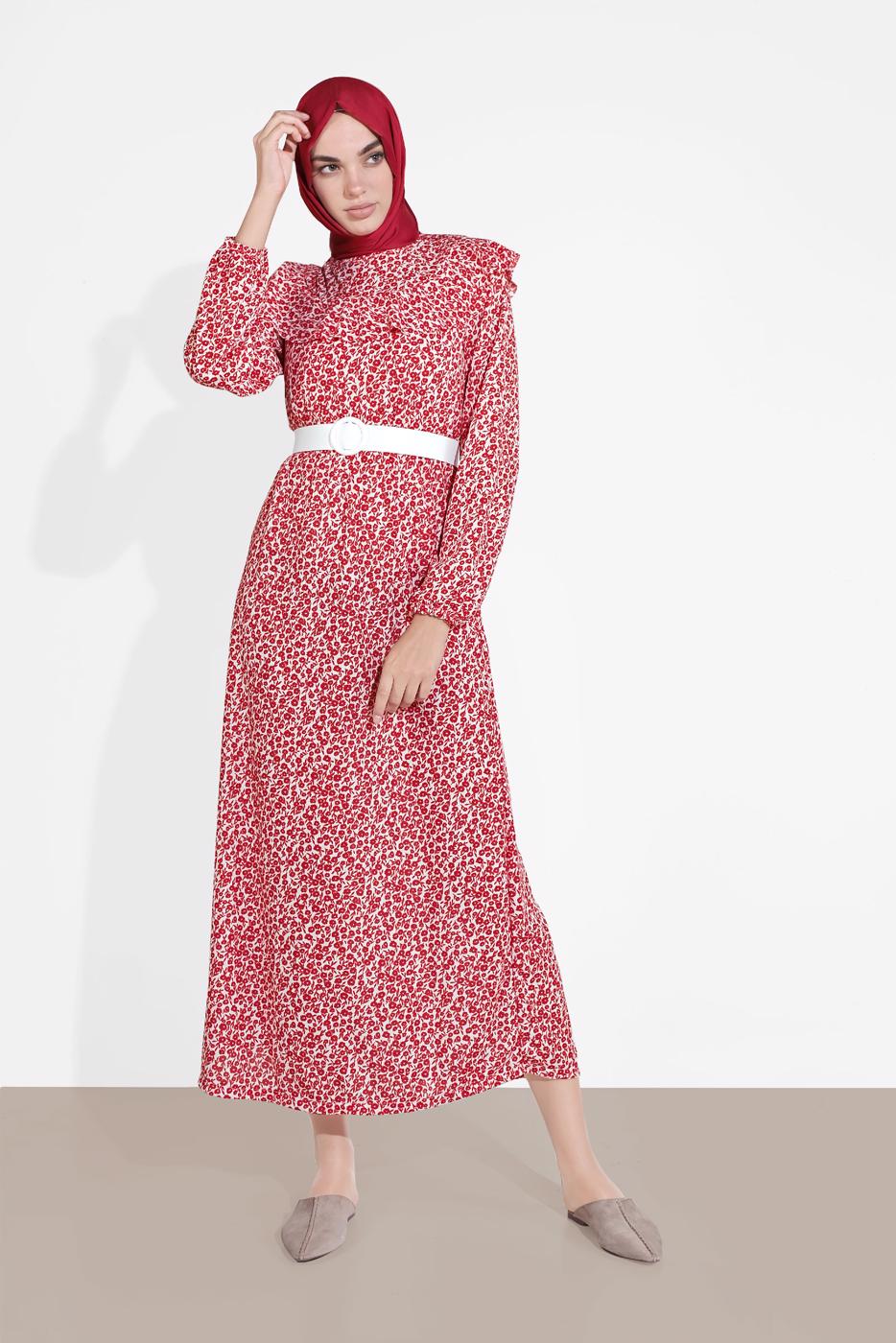 Vêtements hijab ROUGE ROBE RUCHÉE IMPRIMÉE FLEURI 4505 