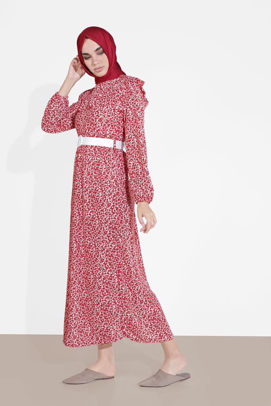 Vêtements hijab ROUGE ROBE RUCHÉE IMPRIMÉE FLEURI 4505 