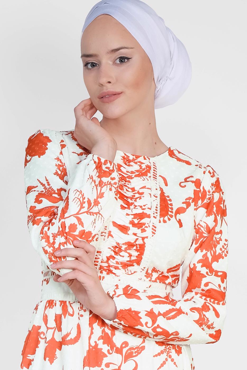 Tesettür giyim KIRMIZI ALVİNA YUVARLAK YAKA DESENLİ ELBİSE 4931