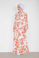 Tesettür giyim KIRMIZI ALVİNA YUVARLAK YAKA DESENLİ ELBİSE 4931