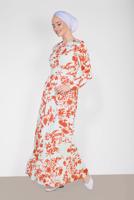 Tesettür giyim KIRMIZI ALVİNA YUVARLAK YAKA DESENLİ ELBİSE 4931