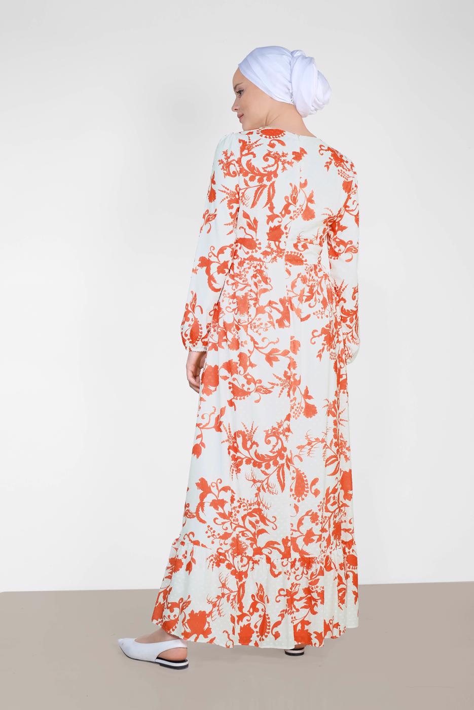 Tesettür giyim KIRMIZI ALVİNA YUVARLAK YAKA DESENLİ ELBİSE 4931