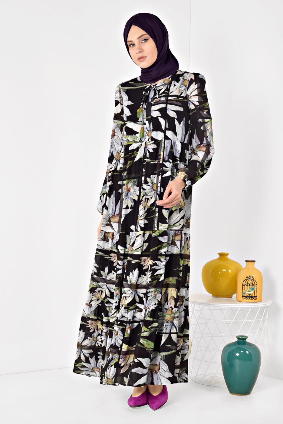 Tesettür giyim SİYAH ALVİNA ÇİÇEK DESENLİ SALAŞ ELBİSE 4932