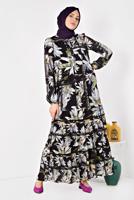 Tesettür giyim SİYAH ALVİNA ÇİÇEK DESENLİ SALAŞ ELBİSE 4932
