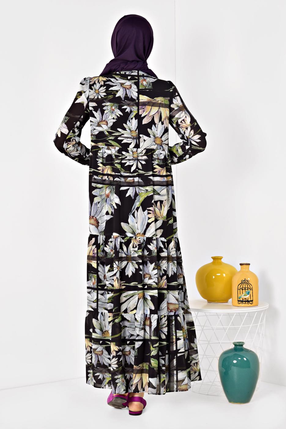 Tesettür giyim SİYAH ALVİNA ÇİÇEK DESENLİ SALAŞ ELBİSE 4932