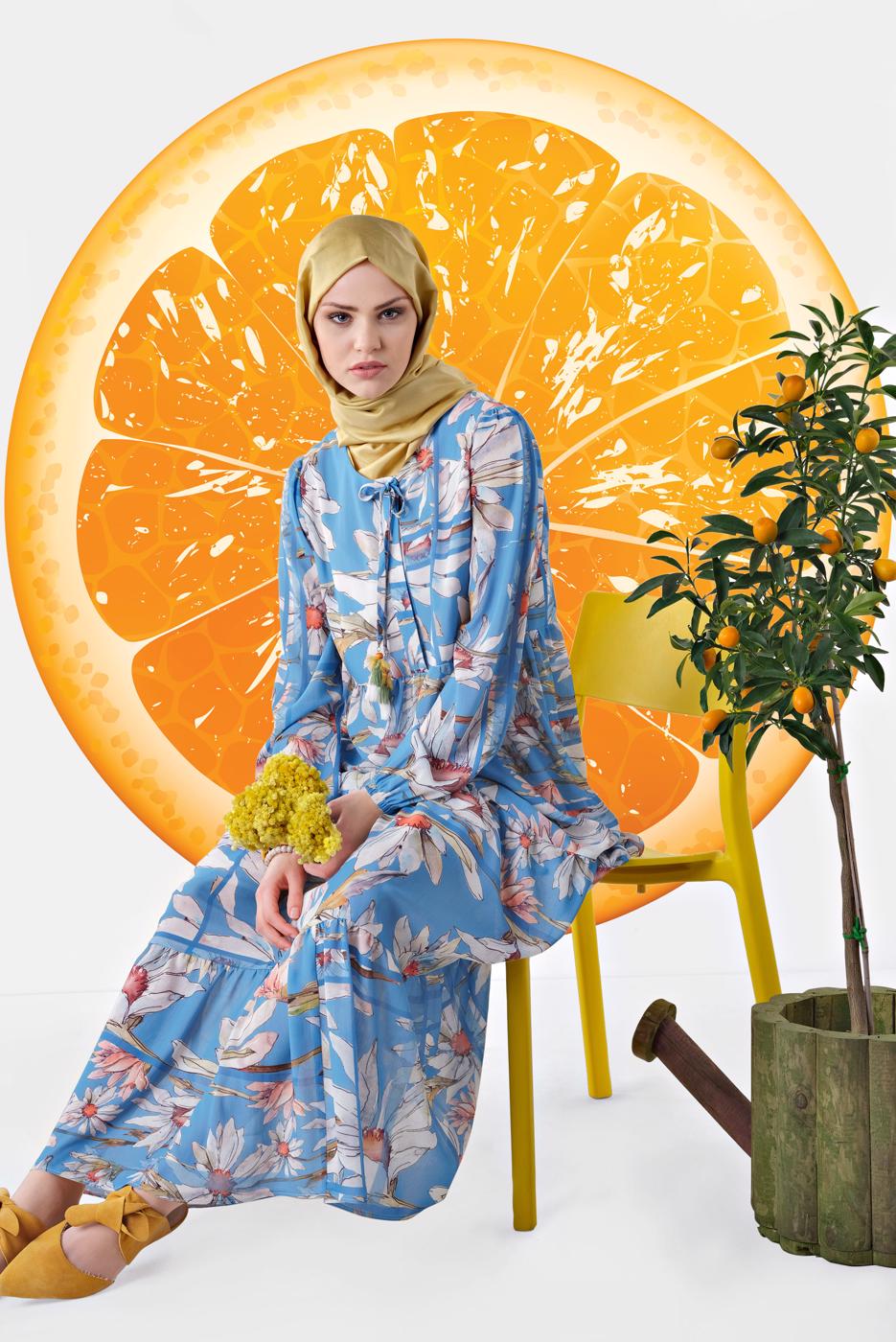 Tesettür giyim MAVİ ALVİNA ÇİÇEK DESENLİ SALAŞ ELBİSE 4932