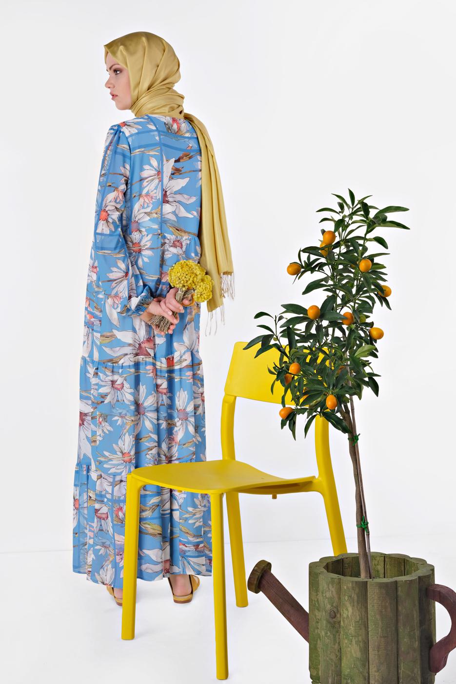 Tesettür giyim MAVİ ALVİNA ÇİÇEK DESENLİ SALAŞ ELBİSE 4932