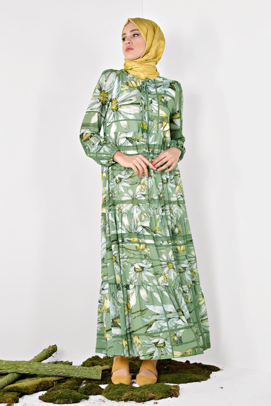 Tesettür giyim YEŞİL ALVİNA ÇİÇEK DESENLİ SALAŞ ELBİSE 4932