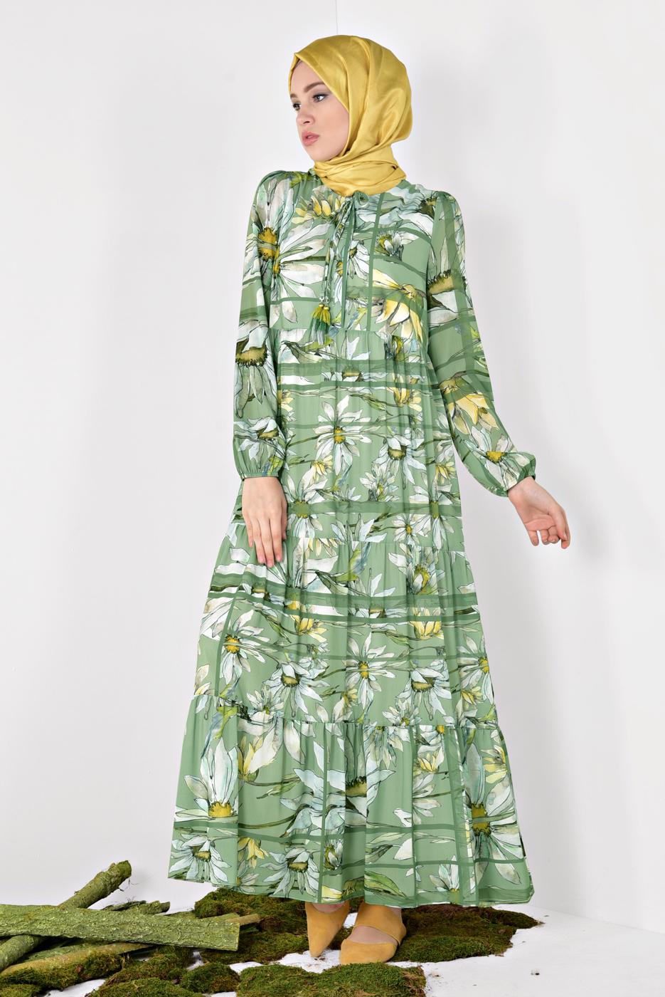 Tesettür giyim YEŞİL ALVİNA ÇİÇEK DESENLİ SALAŞ ELBİSE 4932