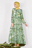 Tesettür giyim YEŞİL ALVİNA ÇİÇEK DESENLİ SALAŞ ELBİSE 4932