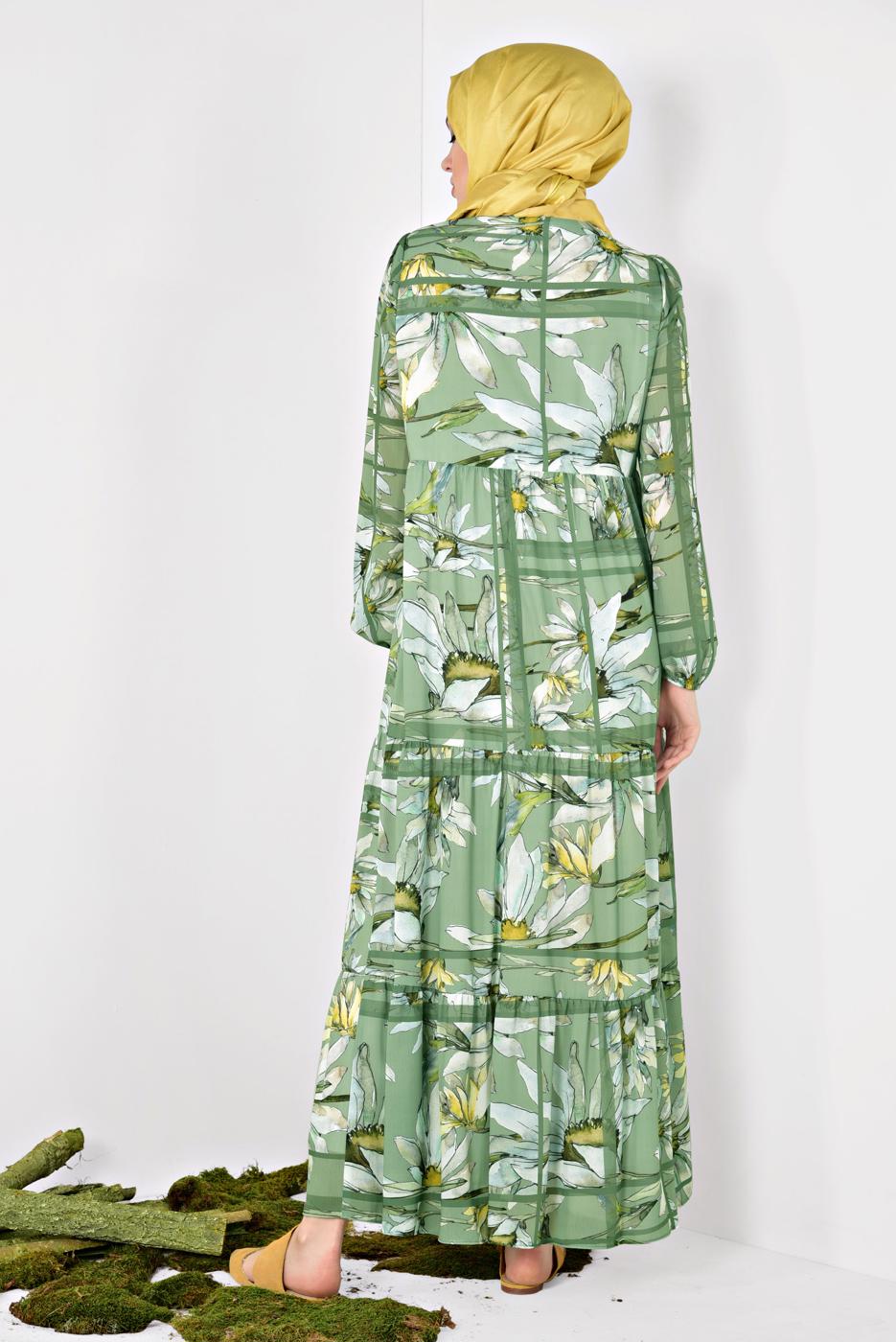 Tesettür giyim YEŞİL ALVİNA ÇİÇEK DESENLİ SALAŞ ELBİSE 4932
